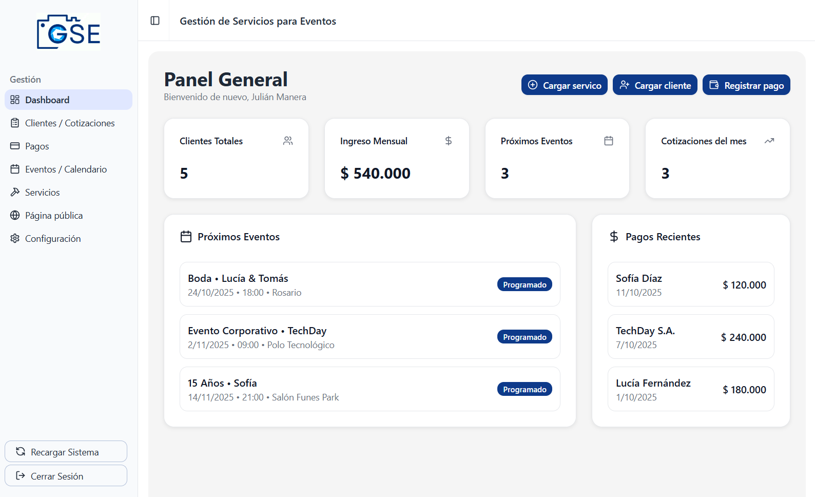GSE — Sistema de gestión (Admin Dashboard)